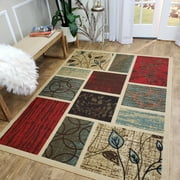 Maxy Home Rubber Backed Non Slip Rugs and Runners Boxes Floral Beige Red - 3'3" x 5'
