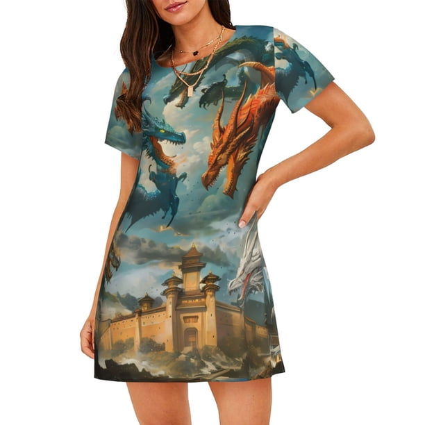 Balery Red Blue Dragon Battle Epic Camisón de manga corta con cuello redondo para mujer, cómodo y elegante.