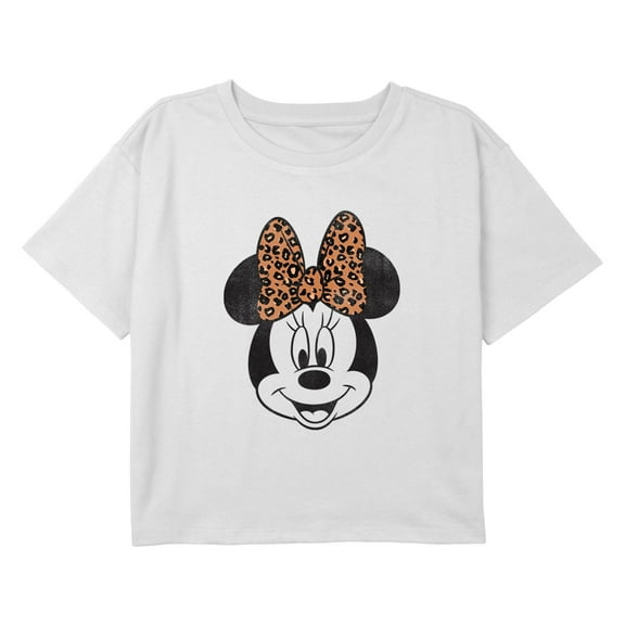 Girl's Mickey & Friends Minnie Mouse Cheetah Print Bow Portrait Graphic Cropped T-Shirt
