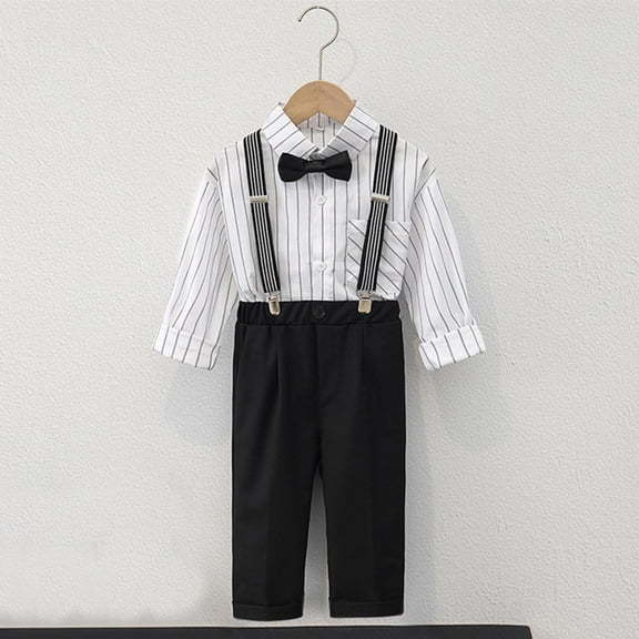 Sentuca Kids Clothes for Boys Outfit Sets British Style Striped Long Sleeved Lapel Shirt Top pants straps tie Four Piece Size 11 Years