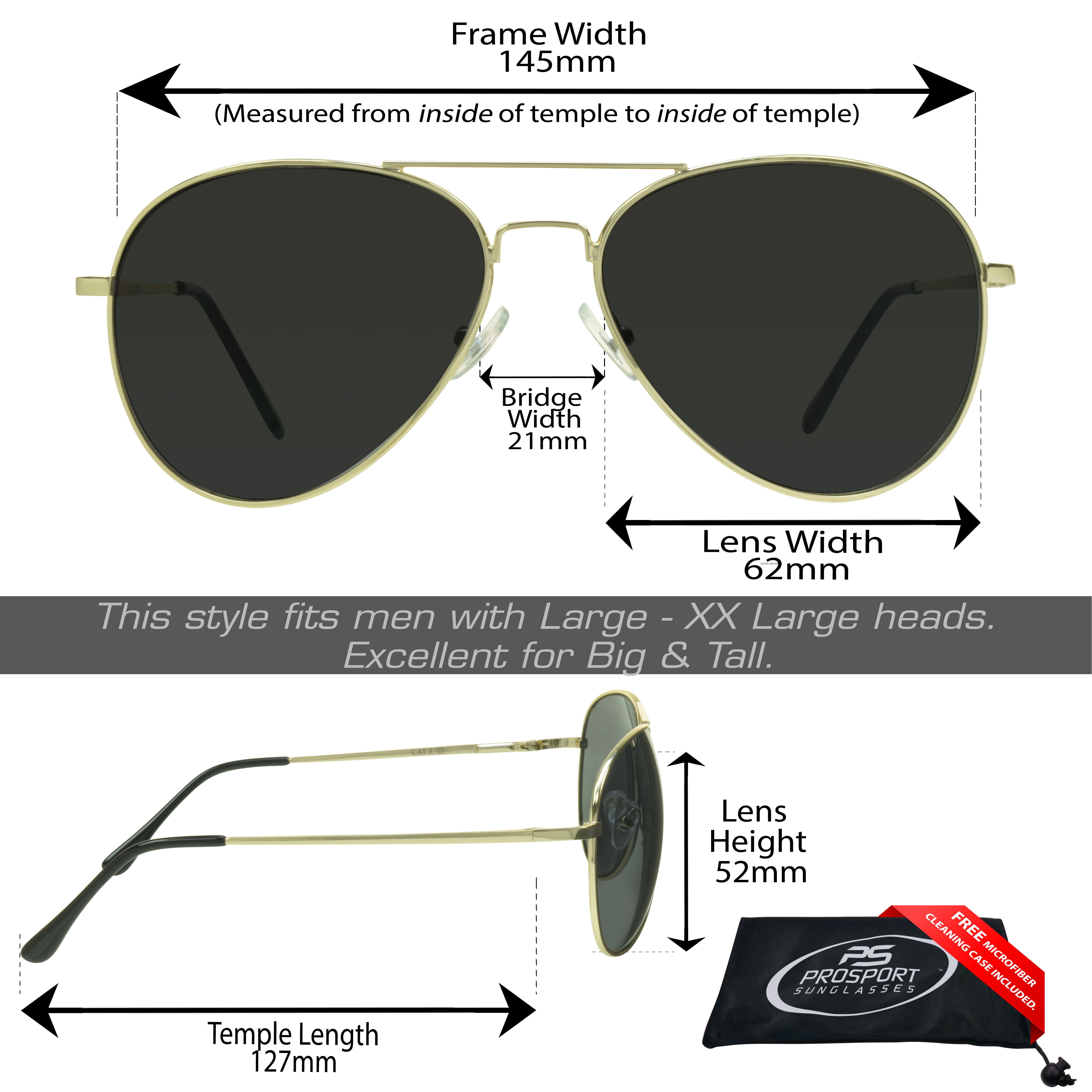 proSPORT Sunglasses Big and Tall Aviator Oversized Extra Large Wide Fit Men Sunglasses