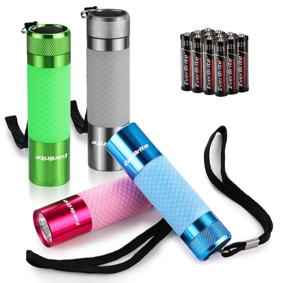 EverBrite Mini LED Flashlight 4 Pack, Glow-in-the-Dark Aluminum Pocket Flashlights with Lanyards and AAA Batteries Included