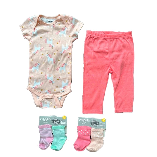 Kit 4 Piezas Bebé Niña Onesies Pañalero, Pantalón y Calcetines Multicolor OP2199HK