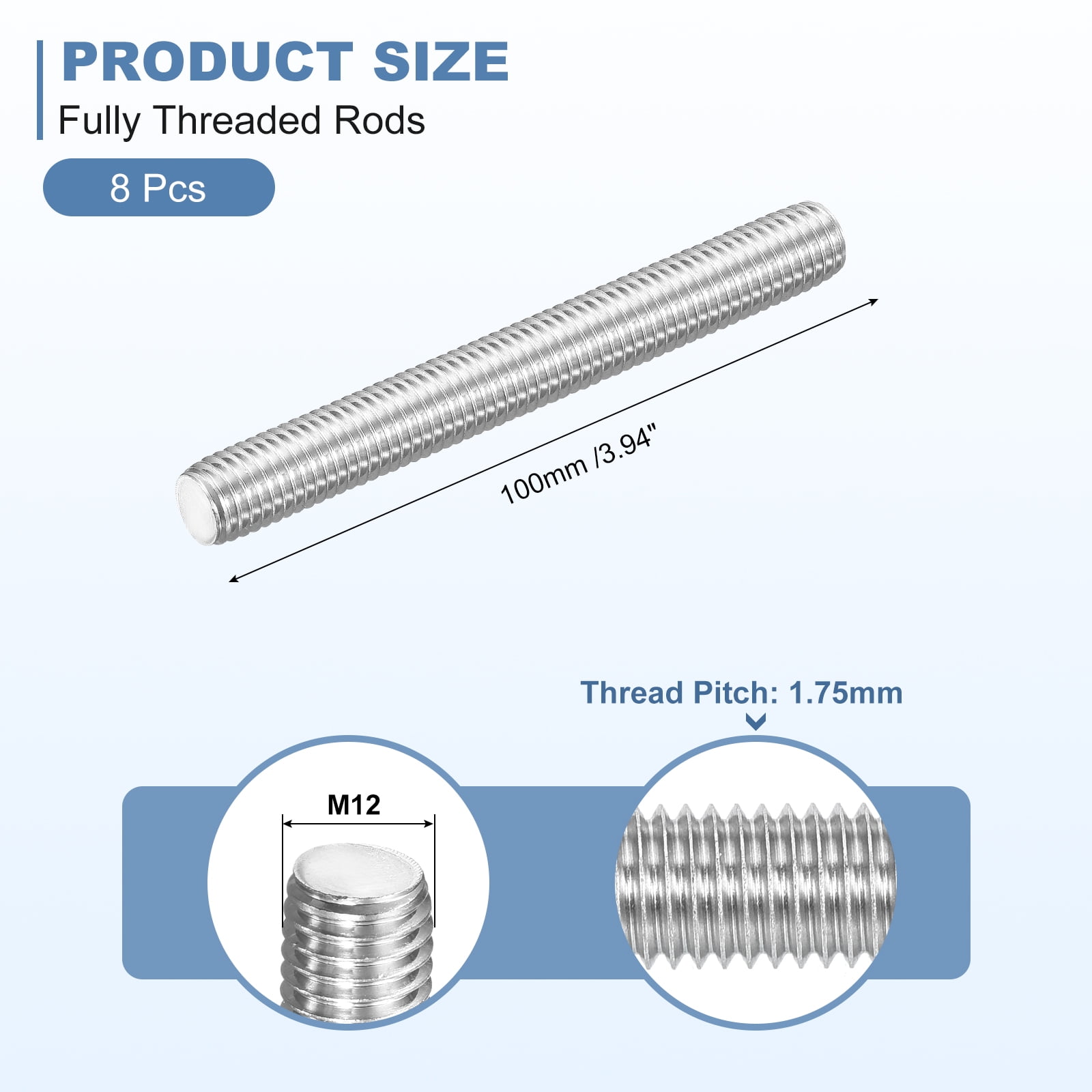 8Pcs M12-1.75x100mm Fully Threaded Rods, 304 Stainless Steel Thread Bar Studs