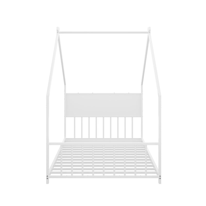 Twin Size Montessori Bed with LED Light Strips, Metal Floor Bed with Headboard and Footboard,Twin House Bed Frame with Slats Support（White)