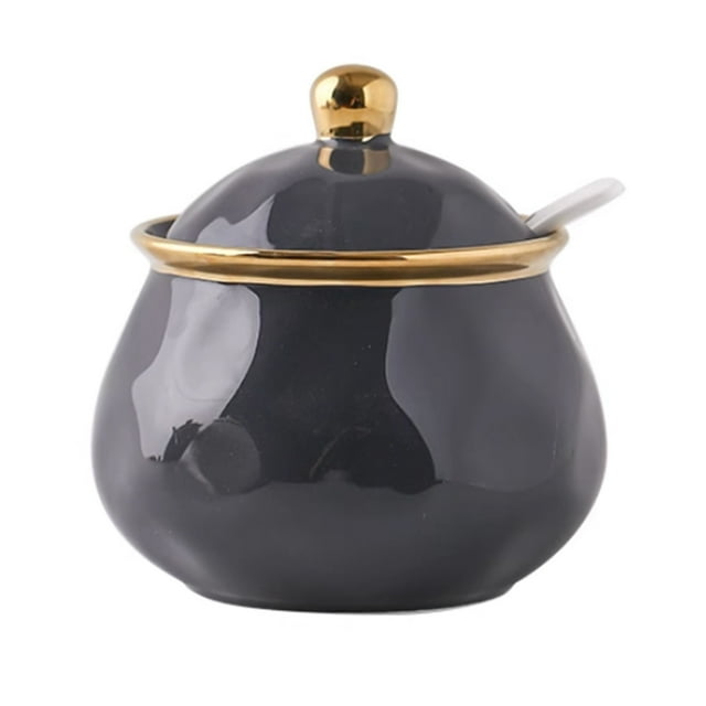 European Style Sugar Bowl With Ceramic Spoon, Sugar Container, Sugar Bowls For Countertop, Salt Container With Spoon-dark grey-580ml/20.4oz