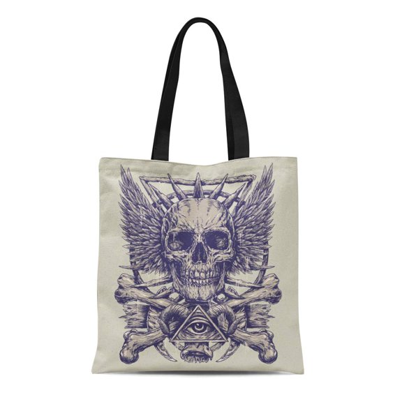 SIDONKU Canvas Bag Resuable Tote Grocery Shopping Bags Demon Heavy Metal Inspired Skull Eye Tattoo Death Ink Halloween Tote Bag