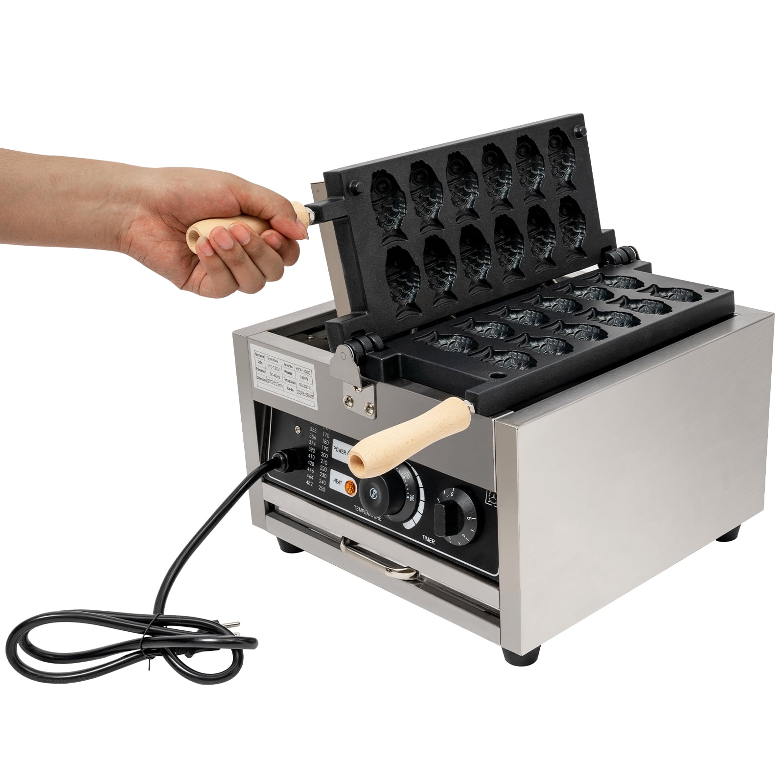 Wildnix Taiyaki Waffle Maker, Fish-Shaped Waffle Iron with Adjustable Temperature (50-300°C), 1.8KW Power, Stainless Steel & Wood Design, Non-Slip Feet and Scrap Tray