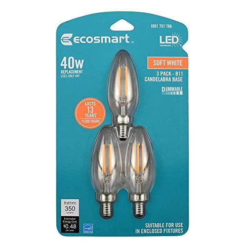 EcoSmart 40-Watt Equivalent B11 E12 Base Dimmable Clear Filament Vintage Style LED Light Bulb, Soft White (3-Pack)