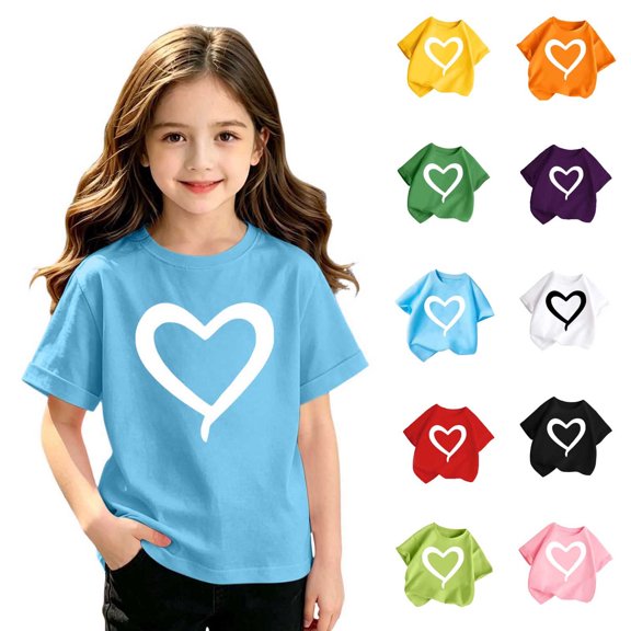 Girls 2-11 Years Short Sleeve T-Shirt Cute Heart Print Casual Crew Neck Summer Top for Kids Yellow 10 Years
