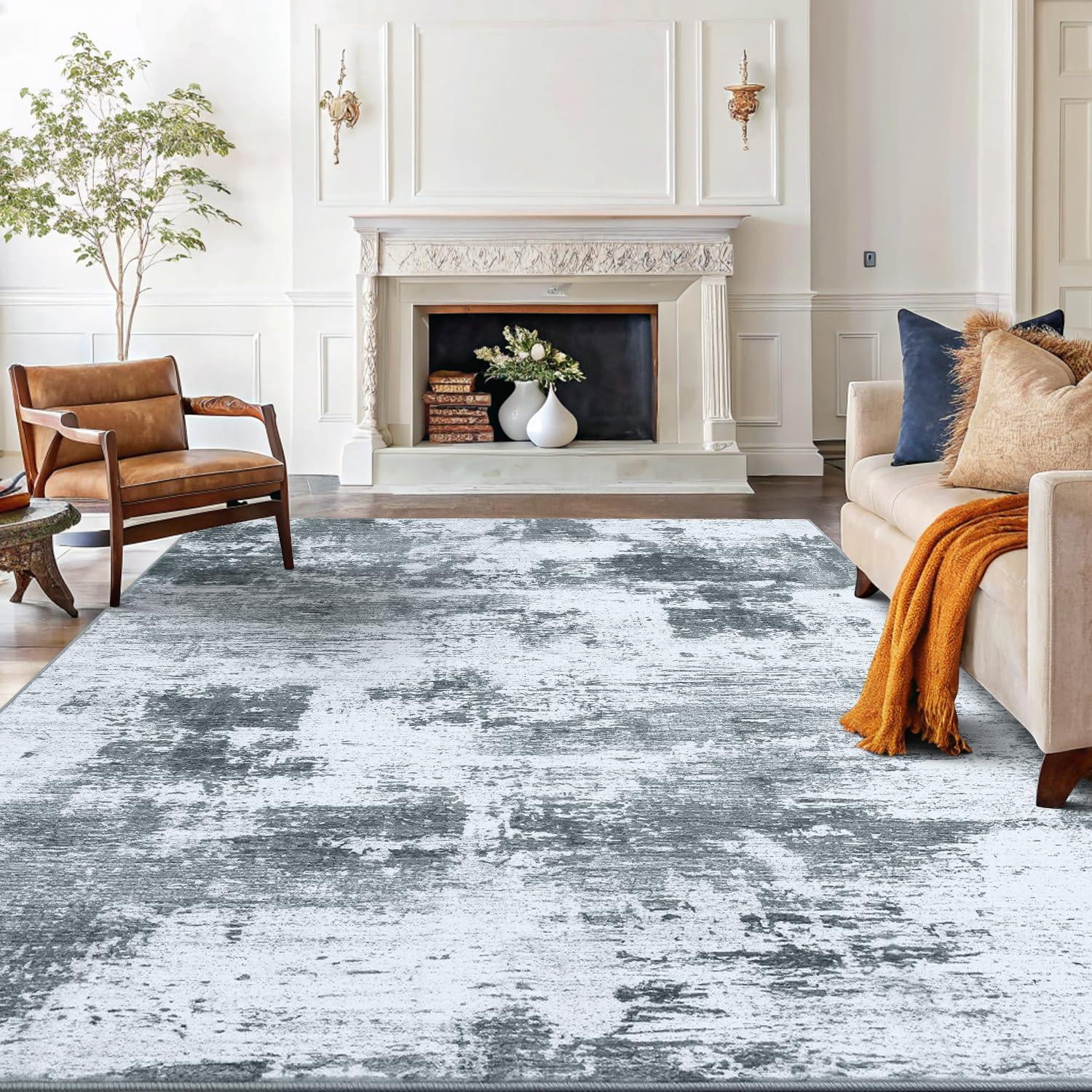 Buganda Area Rug for Living Room 5'X7', Washable Artificial Wool Area Rug, Low Pile Non-Slip Carpet for Bedroom Office Dining Room, Grey