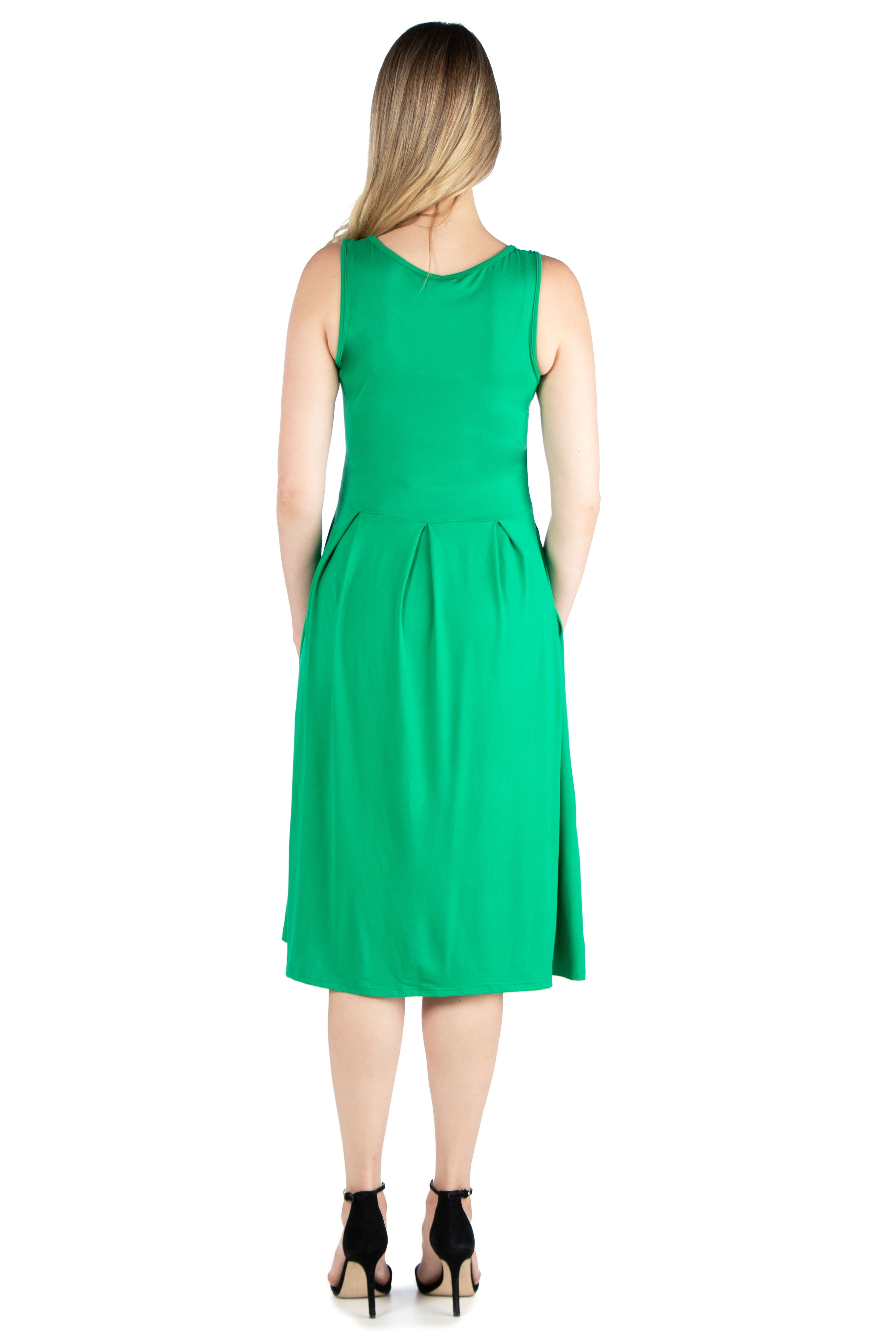 24seven Comfort Apparel Sleeveless Midi Maternity Fit and Flare Pocket Dress