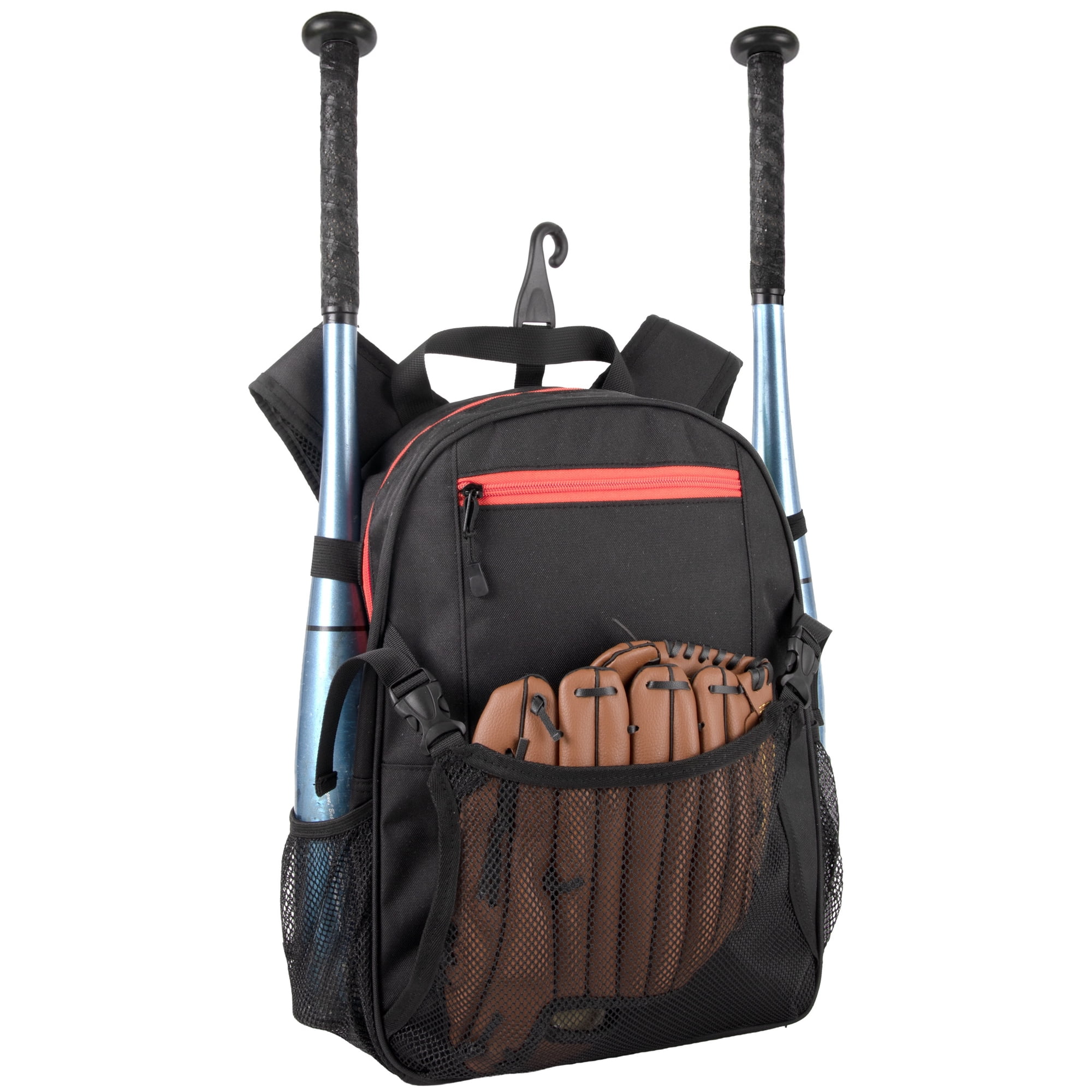 Summit Ridge Youth Baseball 16" Sports Backpack for Kids, Softball, T-Ball & Travel Ball Equipment Gear Organizer (Black & Red)