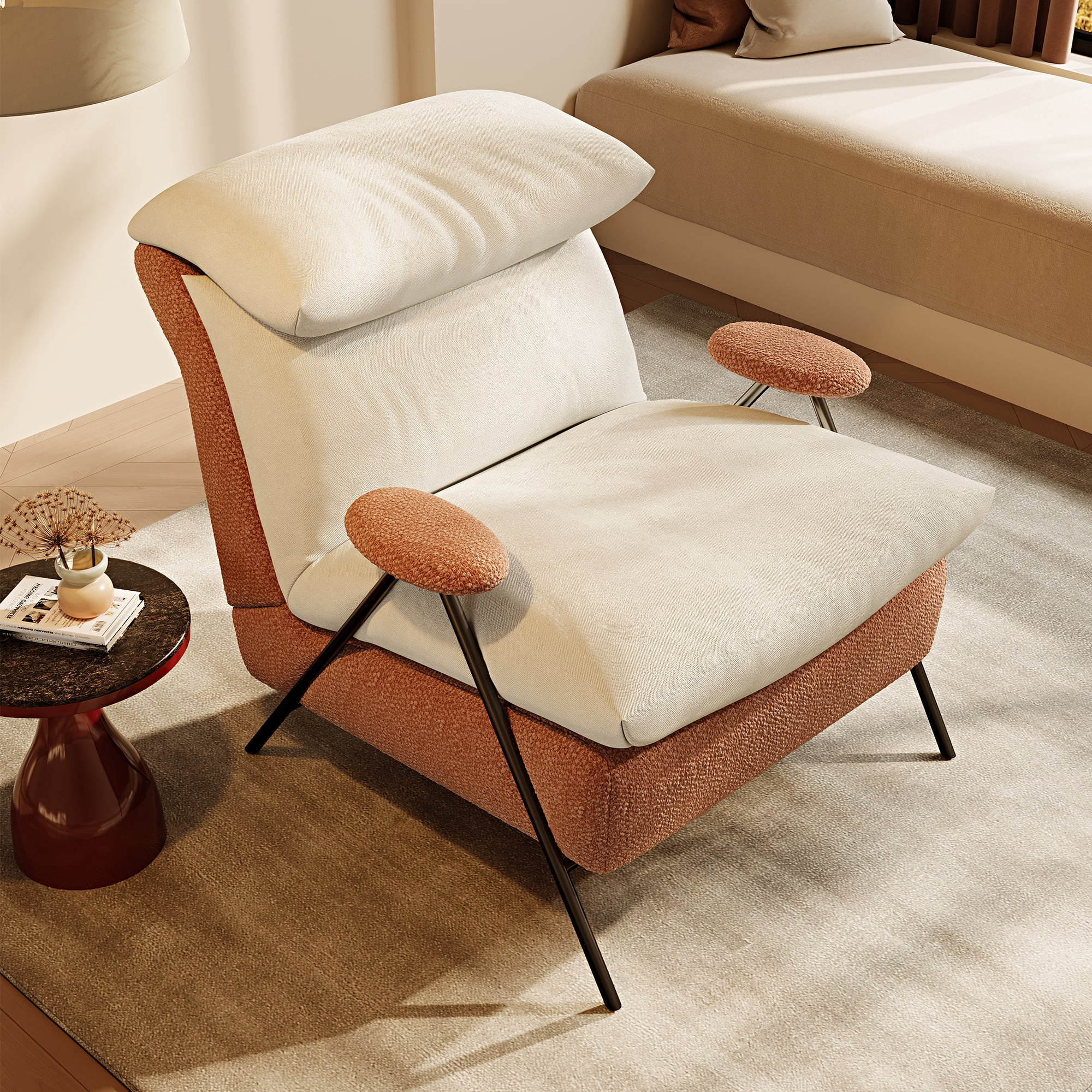 Howcool Modern Upholstered Accent Chair,Armchair with Wide Cushioned Seat,Ergonomic Lounge Chair with Solid Wood Frame for Living Room,Bedroom,Beige Orange