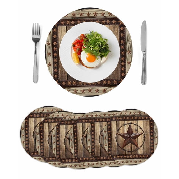 Western Farmhouse Round 13 Inch Placemats Set of 6, Primitive Rustic Country Retro Texas Star HeatResistant Non Slip Place Mats for Dining Table, Wipeable Braided Kitchen Table Mats for Housewarming