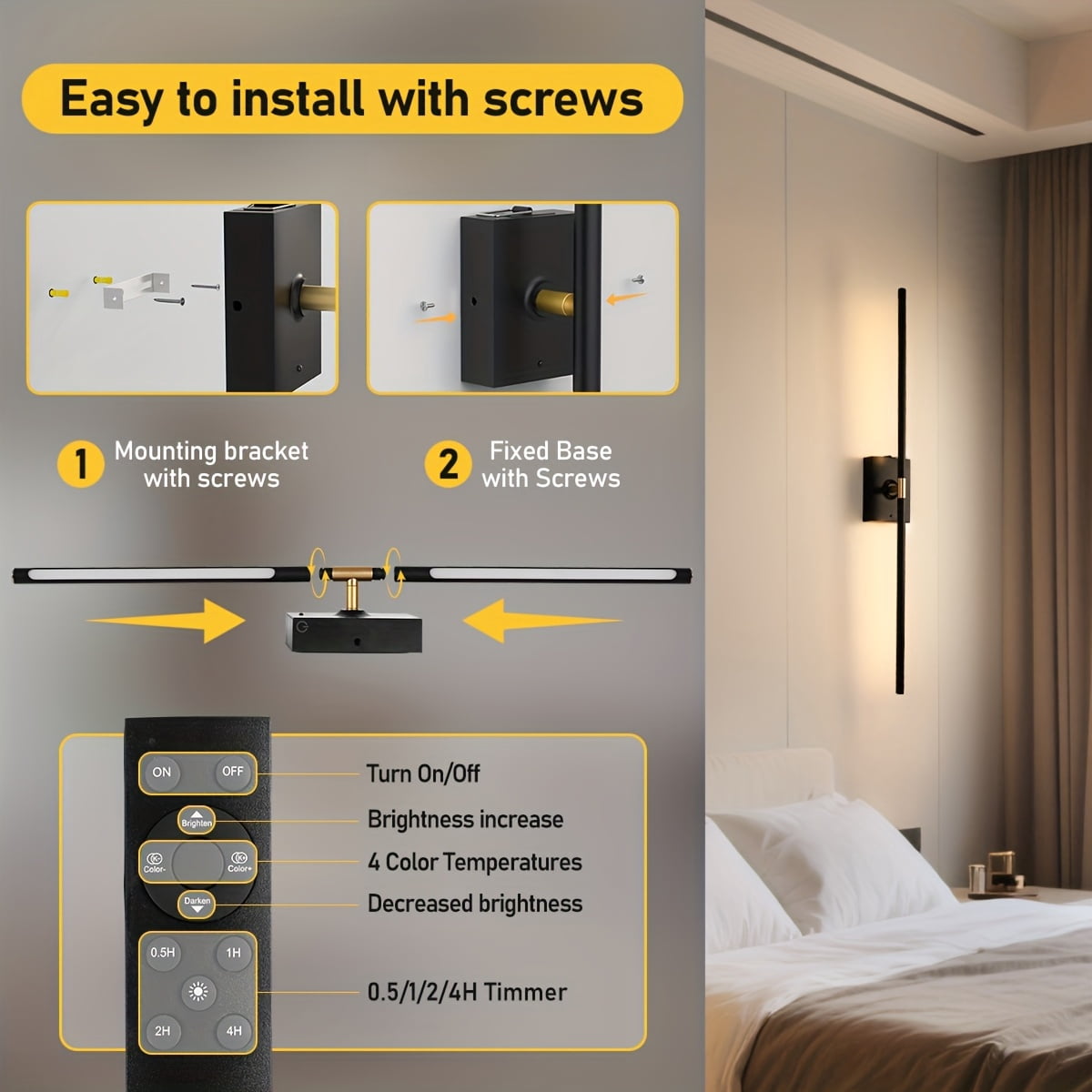 31.5 Inch Battery Operated Wall Sconce Set of 2, Dimmable Battery Sconces with Remote Control, 8000 mAh Rechargeable Sconces, 360° Rotate Modern LED Lights for Bedroom, Living Room, Black Gold