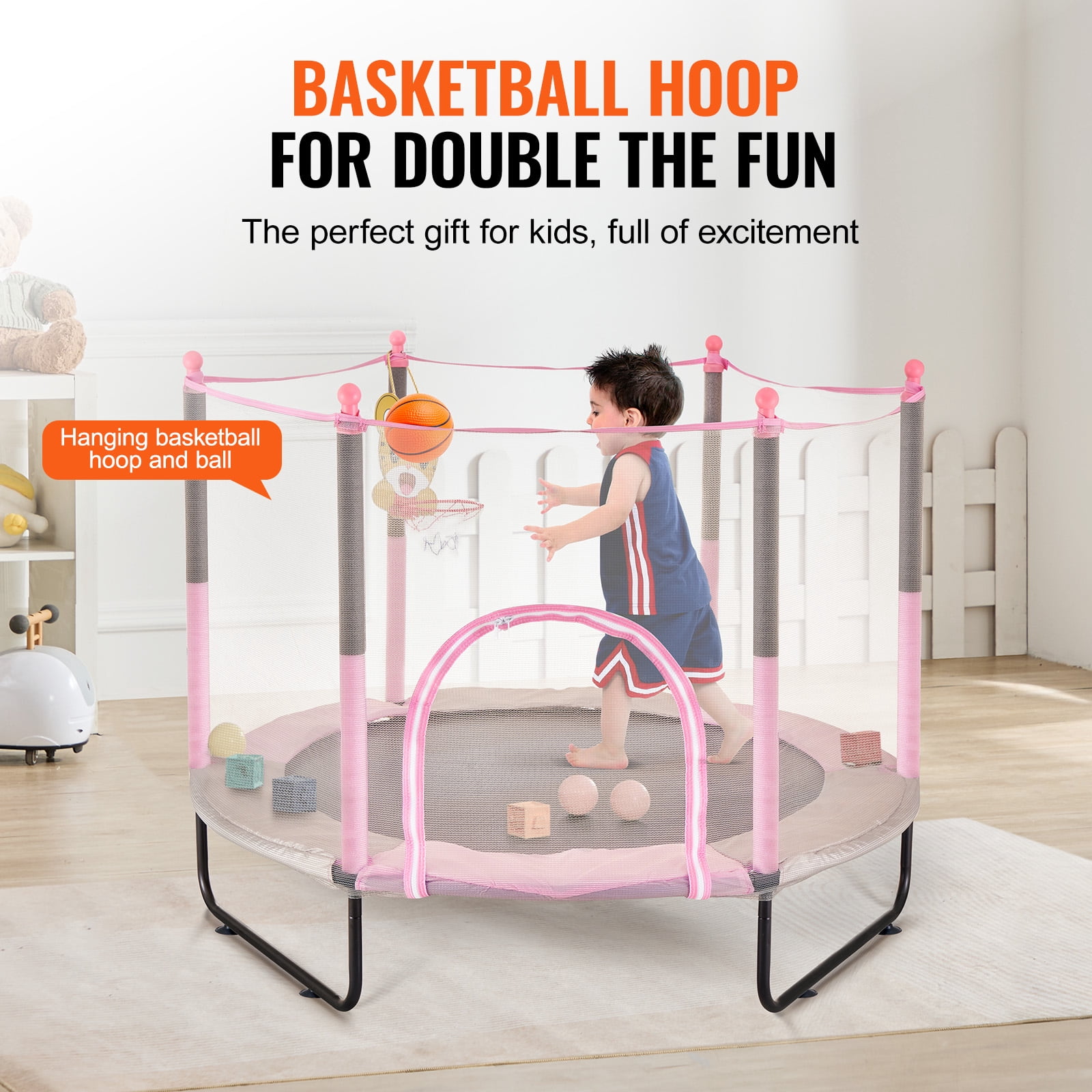 KFFKFF 60" Children's Trampoline, 5FT Trampoline for Indoor and Outdoor Use, Compact Trampoline for Toddlers with Protective Netting and Basketball Hoop