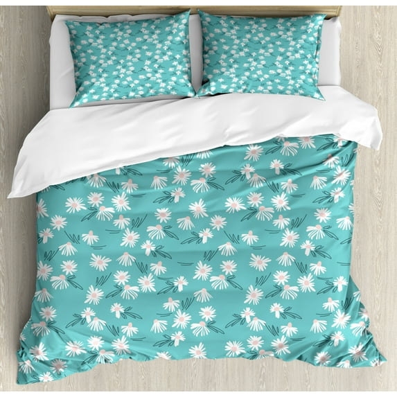 Chamomile Duvet Cover Set Queen Size, Floral Theme Daisy Flowers Abstract Leaves Motifs on Blue Background, Decorative 3 Piece Bedding Set with 2 Pillow Shams, Cadet Blue Blush White, by Ambesonne