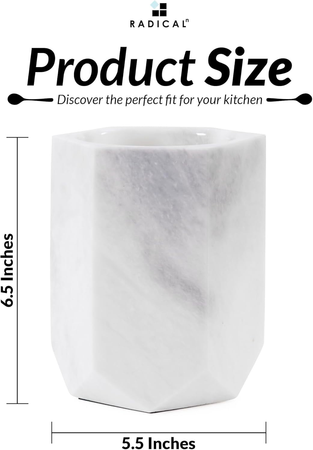 Radicaln Marble Utensil Holder 6.5" White Handmade Kitchen Utensil Holder – Classic Cooking Utensil Organizer and Spoon Holder for Countertop, Decorative Utensil Caddy & Modern Kitchen Essentials