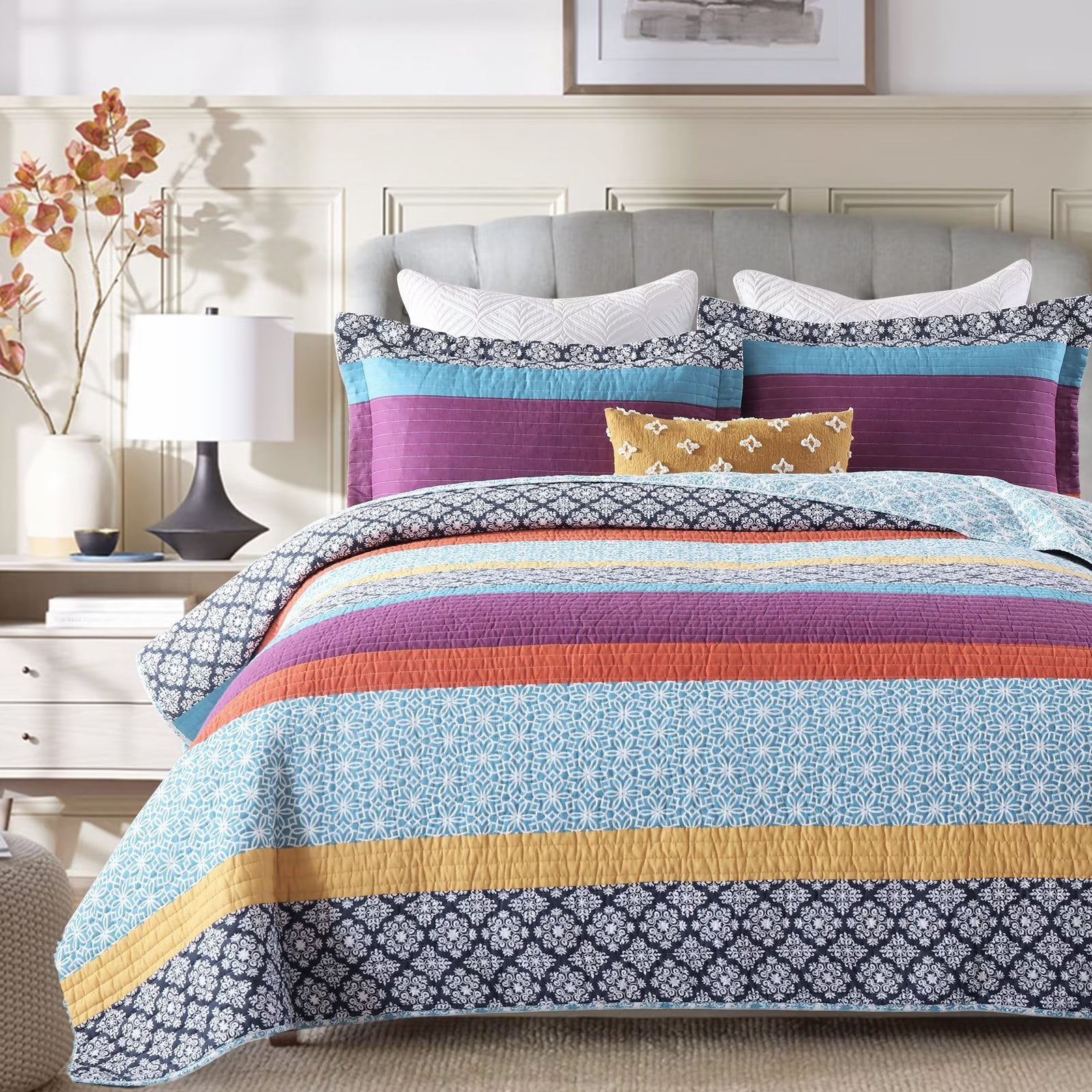 Bedduvit Queen Size Quilt Set 100 Cotton Bohemian Multicolor Quilt