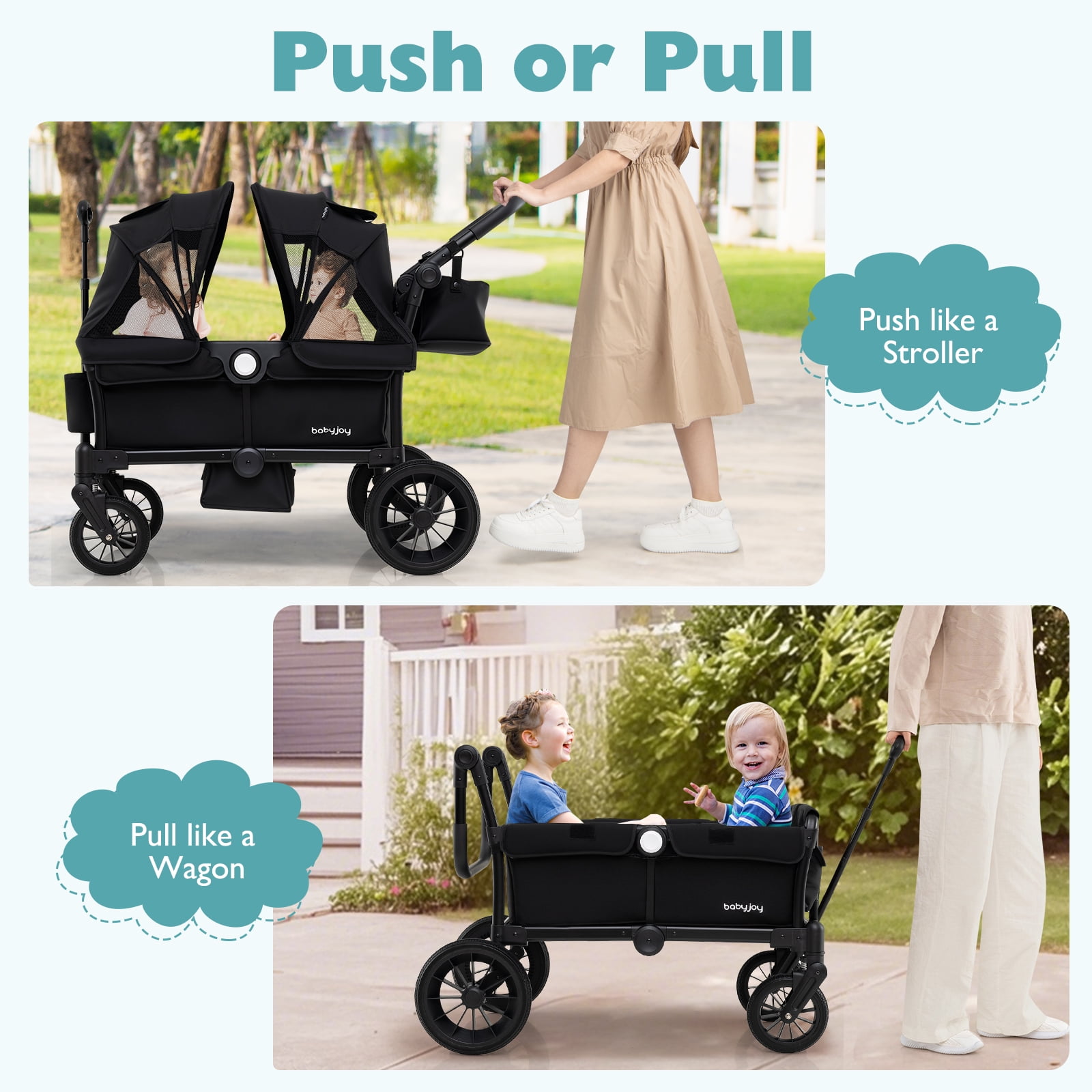 Infans Wagon Stroller for 2 Kids Push Pull Double Stroller with Adjustable Handle
