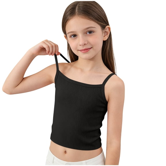Big Girls Tank Top - Girl’s Ribbed Knit Crop Tops Undershirts Camisole Casual Summer Spaghetti Strap Sleeveless Cami Tanks Black 9-10Years