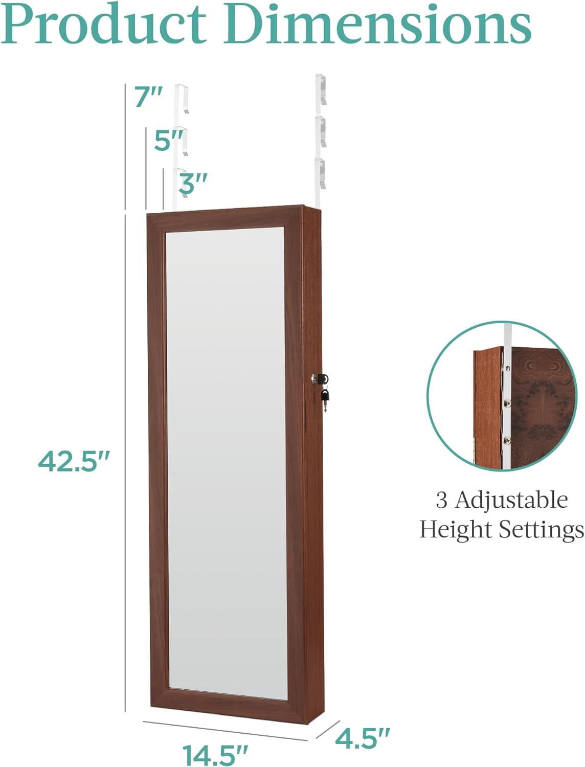 HJTER LED Mirror Jewelry Cabinet, Tall Lockable Wall or Door Mounted Jewelry Armoire Organizer with Mirror, 2 Drawers, Lock, Cosmetic Tray, Shelves - Walnut