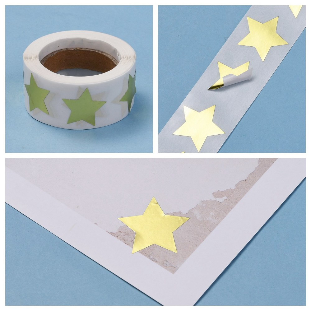 5rolls Metallic Foil Star Shape Paper Sticker Labels Writable Paper Star Shape Seal Labels Teacher Supplies golden 24x23.5mm 500pcs/roll