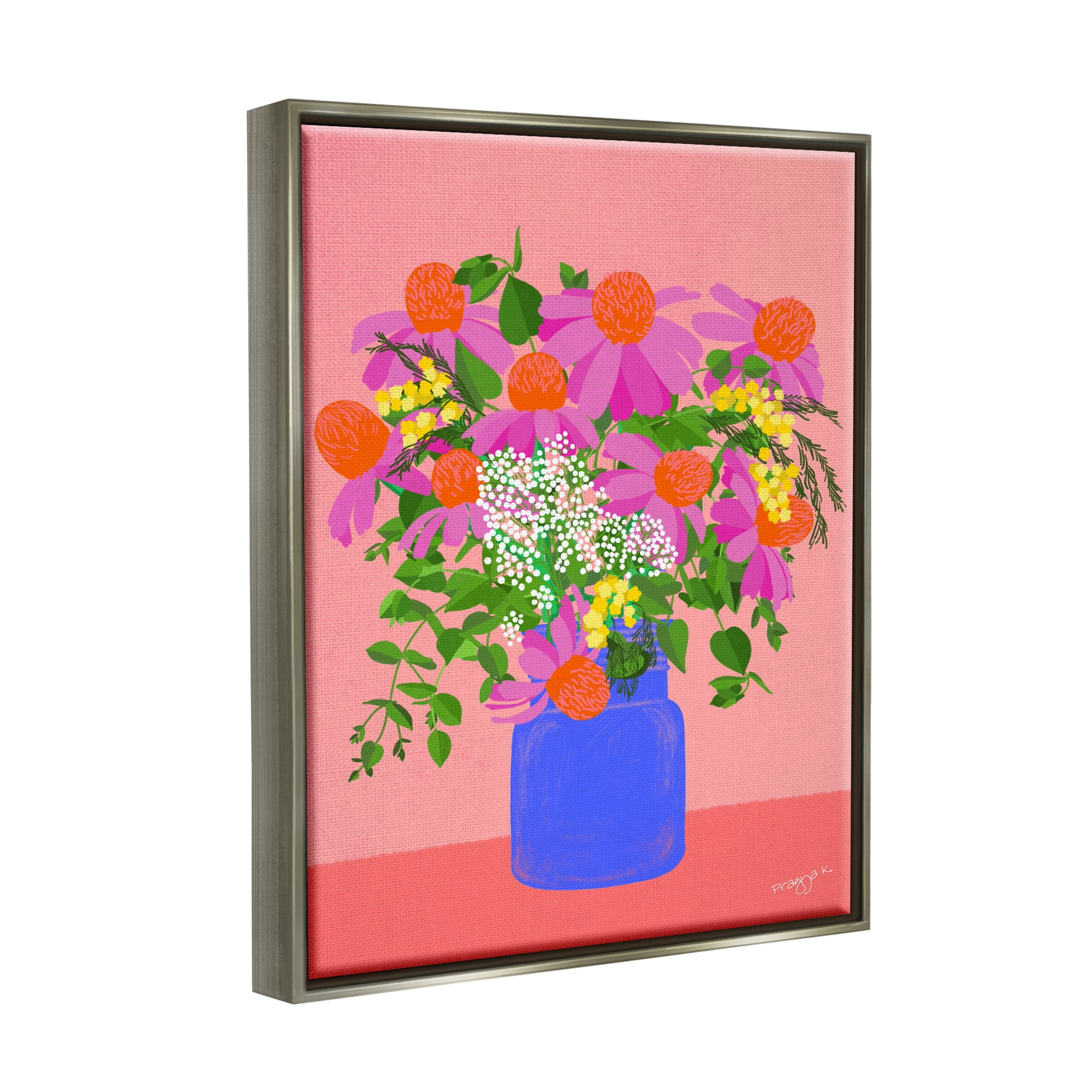 Stupell Industries Pink Country Daisies Botanical & Floral Painting Gray Floater Framed Canvas Art Print Wall Art, 17 x 21