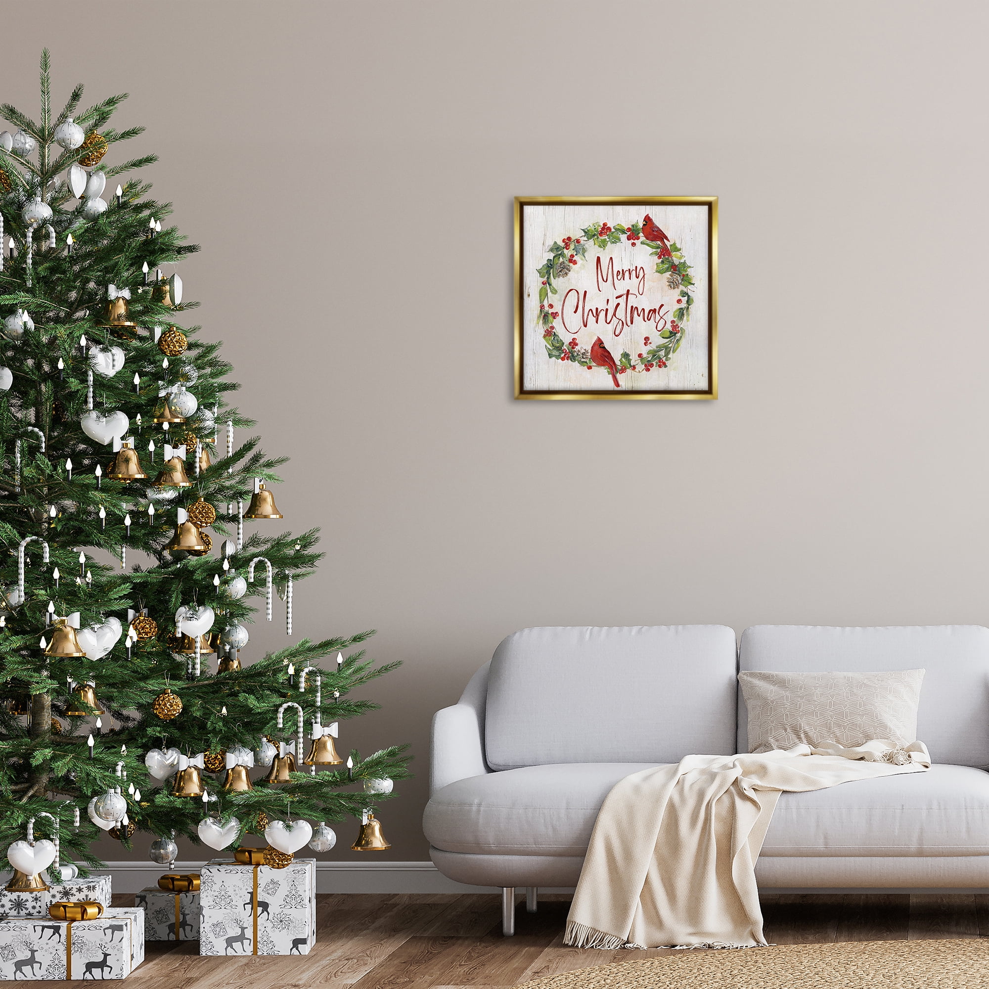 Stupell Industries Christmas Seasonal Wreath Holiday Painting Gold Floater Framed Canvas Art Prints Wall Art, 25 x 25