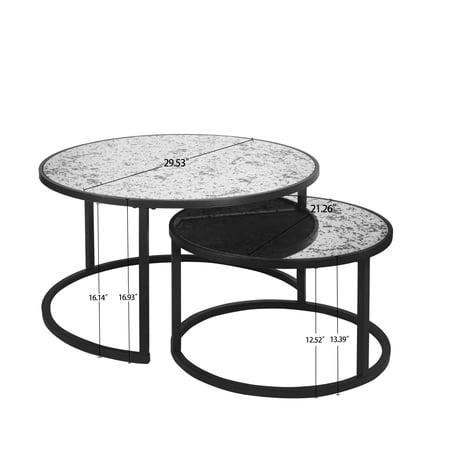 Round Coffee Table Set of 2 Set of 2 Nesting Tables, Metal Frame & Glass Top End Tables for Living Room Bedroom
