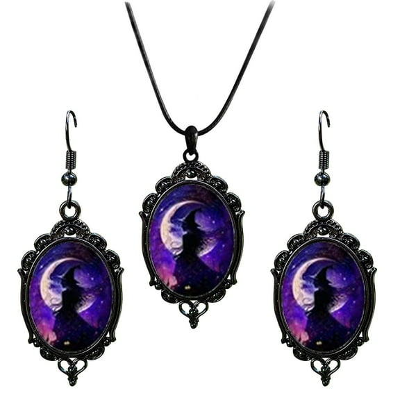 ​​GiLiling 2025 Trending Gothic Halloween Jewelry Set - Dark Witch Necklace & Earrings Pendant Accessories for Costume Parties and Festive Attire