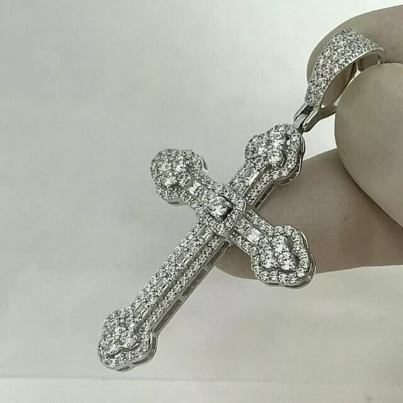 2CT Round Cut Natural Moissainite Diamond Cross Men's Pendant 14K White Gold Plated