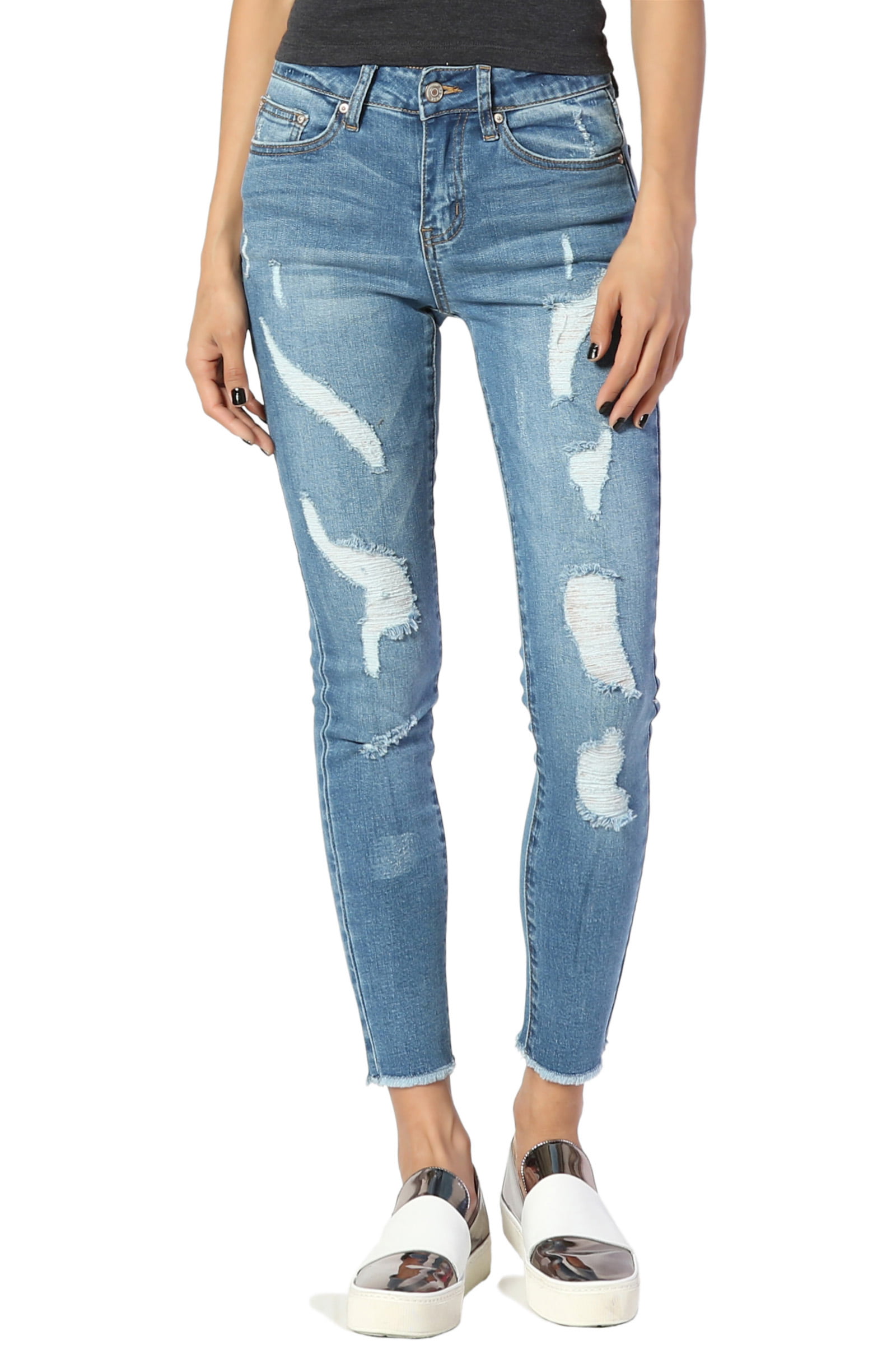 TheMogan Women's Distressed Ripped Stretch Mid Rise Med Blue Crop ...
