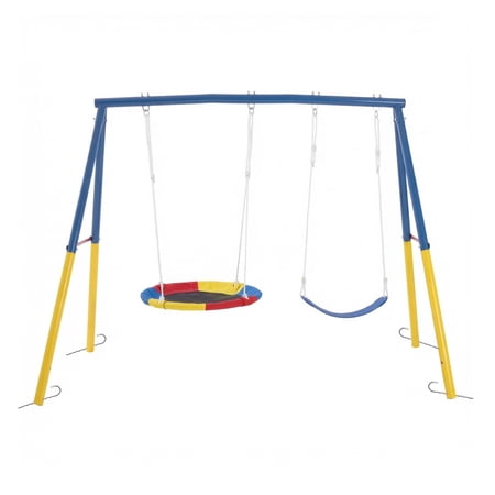 ZHICHUN Backyard Swing Set 330lbs Heavy-Duty A-Frame Metal Swing Stand with 32" Saucer Swing and Belt Swing Seat Rust Resistant Outdoor Playground Swing Set