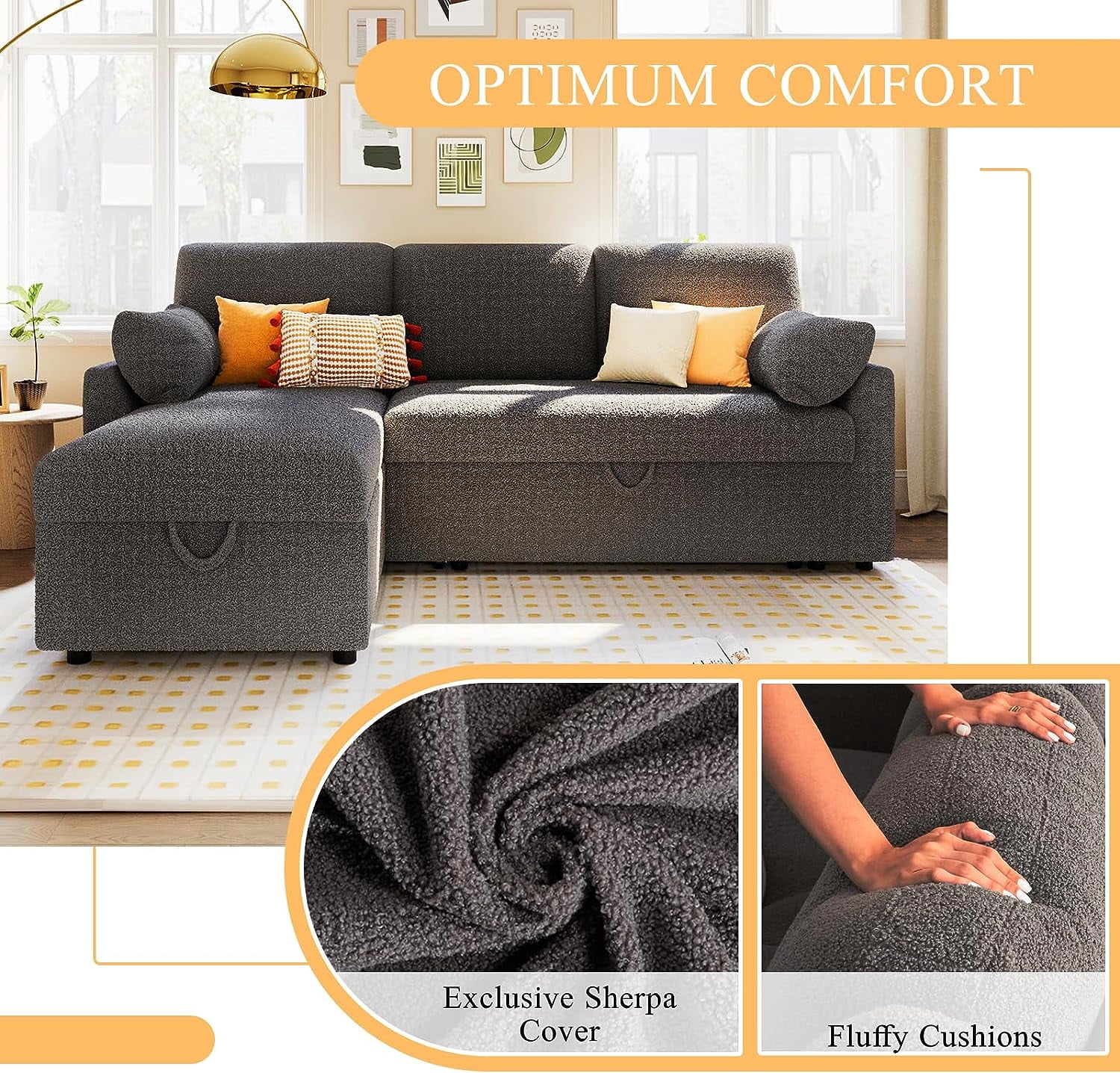 Papajet Pull Out Couch, Sleeper Sofa with Storage Chaise, L Shape Couch for Bedroom- Grey Sherpa