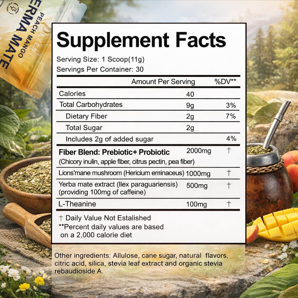 Yerba Mate Tea with Prebiotic & Probiotics Supplements, Herbal Tea with Natural Caffeine & Low Sugar, Peach Mango, 30 Servings