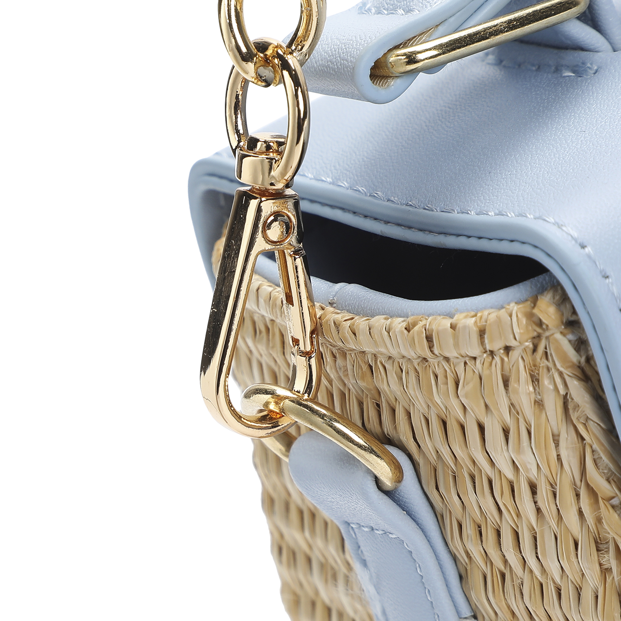 Packed Party Women's Woven Straw Crossbody Bag with Faux Leather Scallop and Chain Strap, Blue