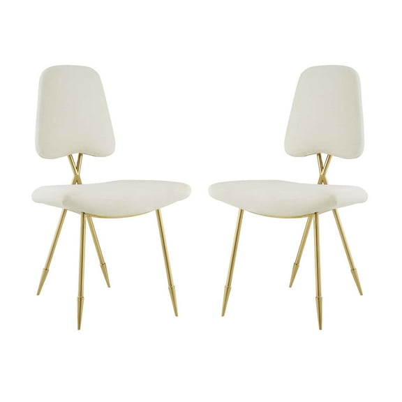 Industrial Country Cottage Farm Beach House Dining Kitchen Room Side Chair, Set of Two, Velvet Fabric Steel Metal, Ivory White