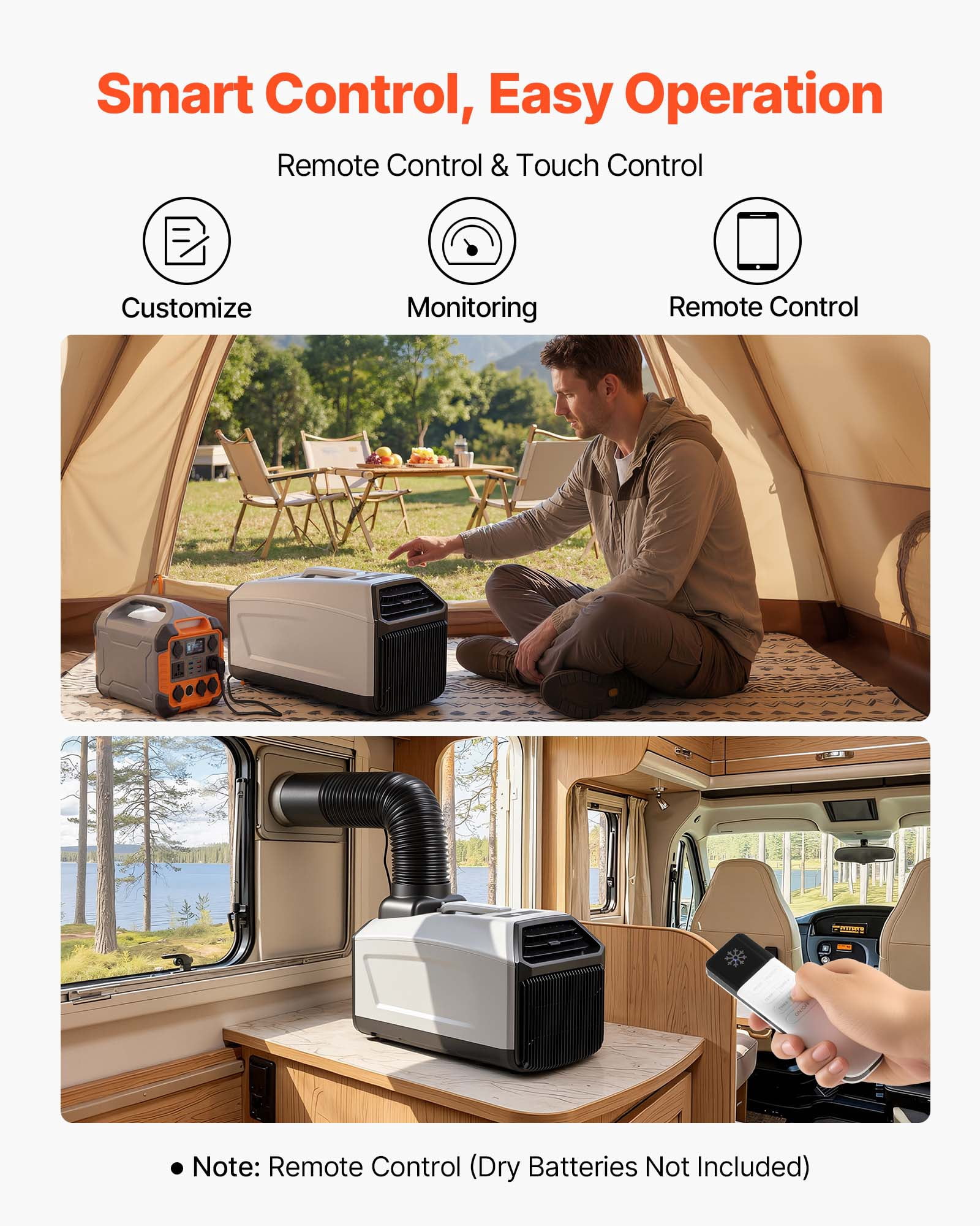 VEVOR Portable Camping Air Conditioner 3050 BTU, Tent AC Unit with Hose, Remote & Touch Control, 61–90°F Adjustable, 150 m³/h High Airflow, Low Noise, Ideal for Tent. RV, Outdoor Cooling, Dark Grey