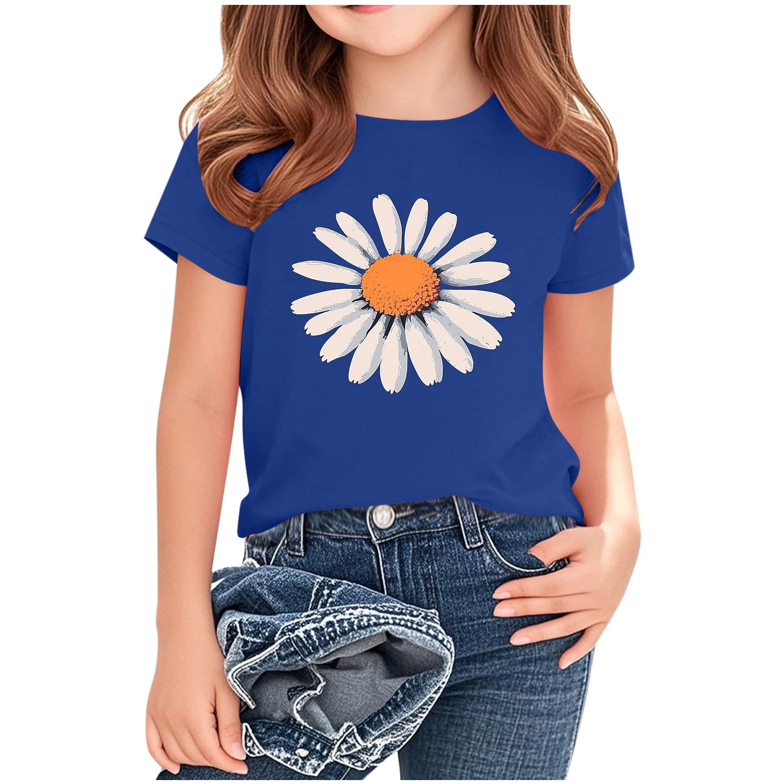 Cethrio Kids Girls T-shirts Printed Casual Short Sleeve Crewneck Summer Tops Blue Size 6