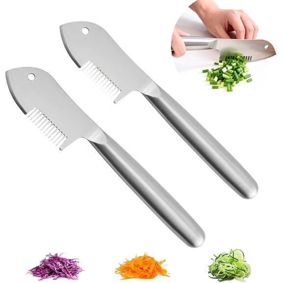 Stainless Steel Multi-purpose Julienne Peeler, Quick & Easy Shredder Tool, Comfortable Handle & Hanging Hole, Creative Kitchen Tool for Fruit, Scallion (Silver,2 PCS)