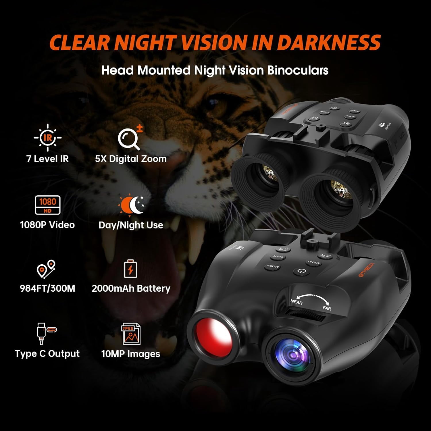 Night Vision Goggle Head Mounted Hands Free Infrared Night Vision Binoculars USB Rechargeable Night Vision Goggles with Head Strap 5X Digital Zoom 32GB SD Card Compatible with Helmet
