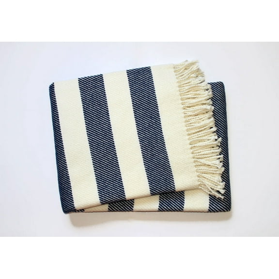 Cream and Navy Blue Slanted Stripe Fringed Throw Blanket