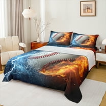 Manfei 3D Baseball Twin Sheet Sets for Boys, Fire and Water Twin Fitted Sheet, Modern Ball Sports Flat Sheet, Luxury Bedroom Decor, 3pcs