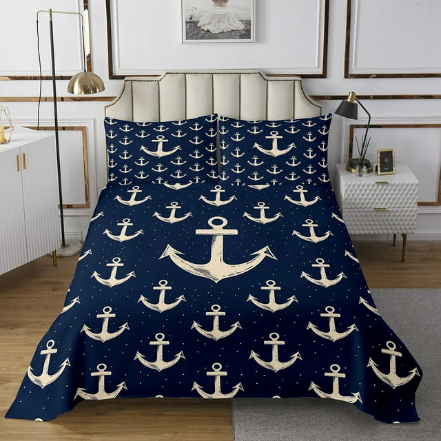 Erosebridal Ocean Anchor Coverlet Set Queen, Vintage Nautical Bedding Set, Sailboat Room Decor, 3 Pieces