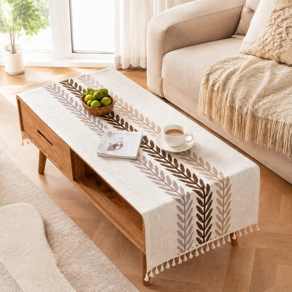 15.4" × 82.7" Coffee Table Cover, Waterproof Rectangle Cotton Linen Tablecloth with Tassels, Beige Leaf Print Decorative Table Cover for Living Room