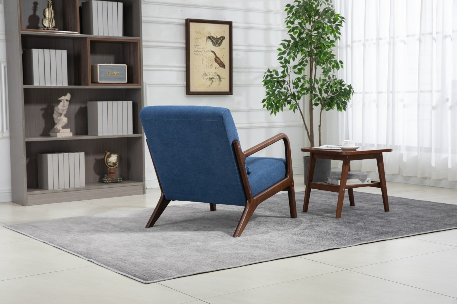 Mid Century Modern Accent Chair Upholstered Living Room Chair with Waist Cushion Wood Frame Reading Armchair for Bedroom Sunroom Indoor Lounge Chair, Dark Blue