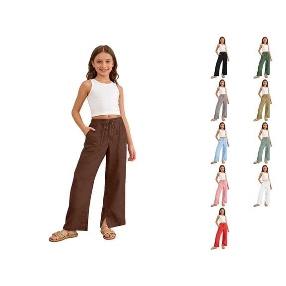 Krdevn Girls Crinkle Wide Leg Pants Elastic Waist Drawstring Casual Trousers with Side Slit Pockets,13-14 Years