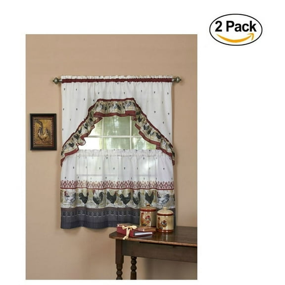 Achim Home Furnishings Rooster Tier and Swag Set, 57-Inch by 36-Inch, Burgundy (Set of 2)
